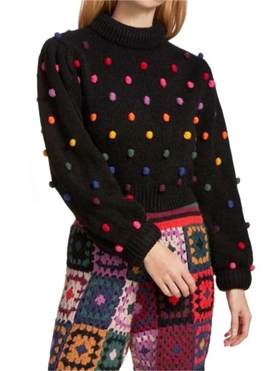 FARM Rio Sweaters - FARM Rio Rainbow Pom Blouson Sleeve Sweater Multicolor Small